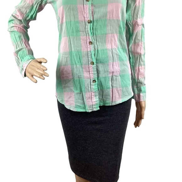 H&M L.O.G.G. Plaid Button Down Top Size 2 Pink Green - Picture 3 of 7